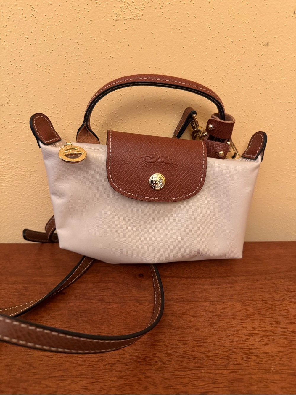 Longchamp Crossbody Mini Bag in White with Brown Trim